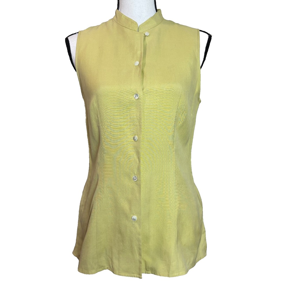 Vintage 90s Ann Taylor Mandarin Collar Silk Vest Feminine Top Yellow Women's 4‎